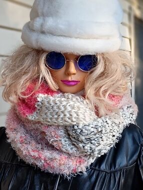 Pink-Accented Knit Infinity Scarf